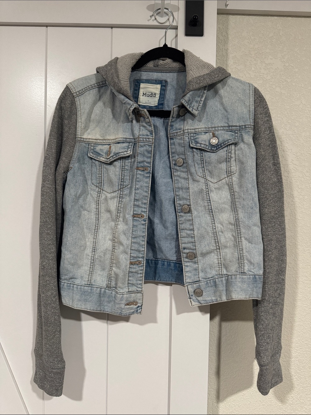 Mudd Hooded Denim Jacket Gray Knit Sleeves Light Wash Jean Jacket Size M